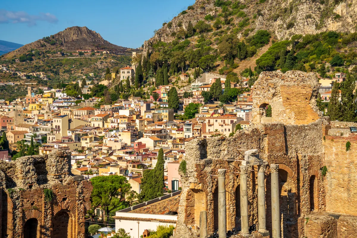 Taormina,Aerial,Panoramic,Of,The,Historic,City,Center,With,Ancient