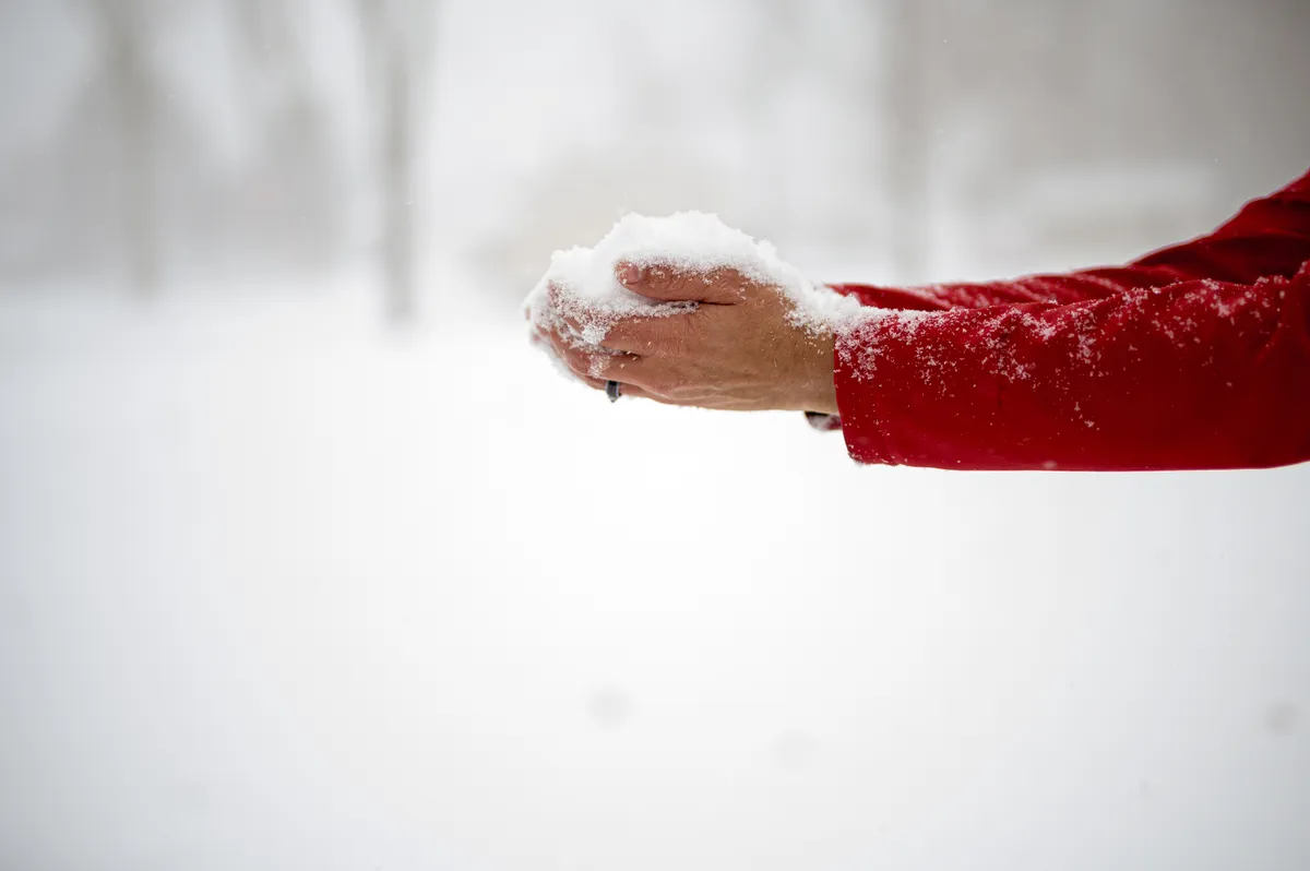 Closeup shot of a male holding snow in his palms with a blurred background, hó, havazás, hideg 