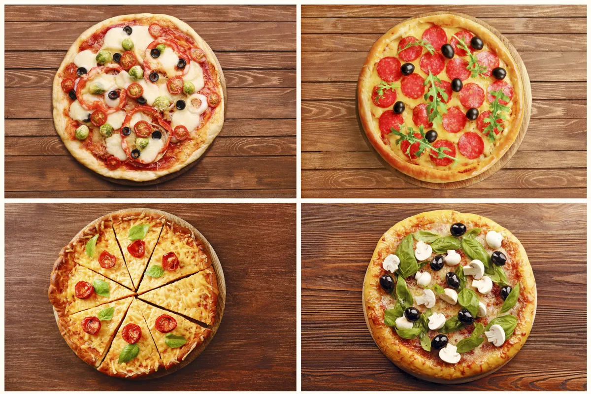 kollázs, pizza, különböző pizzák, fa háttér
