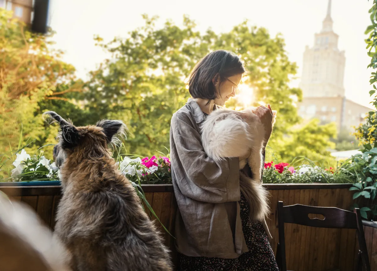 Young,Woman,With,Her,Pets,Cat,And,Dog,On,The