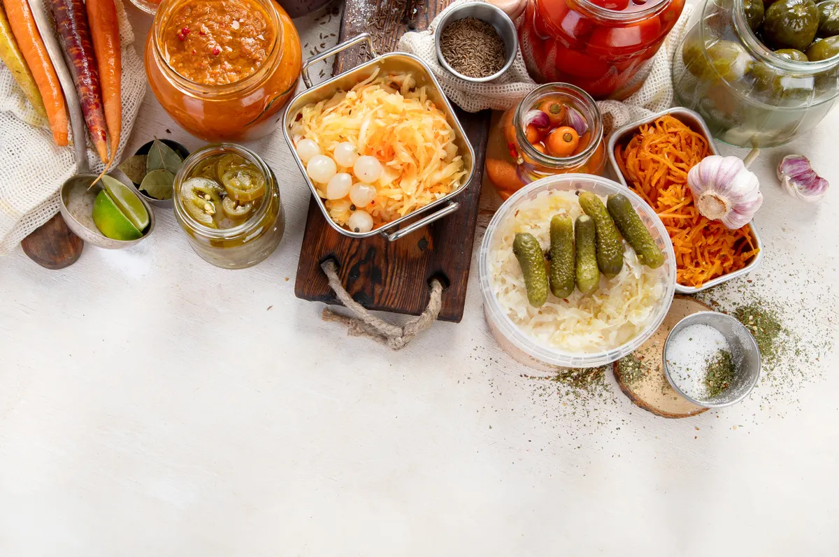 Fermented,Products,On,A,Wooden,Background.,Pickled,Vegetables,In,Jars.