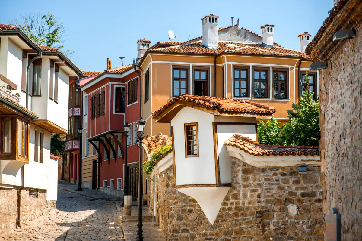 Plovdiv, Bulgária, oszmán kori lakóházak, utca