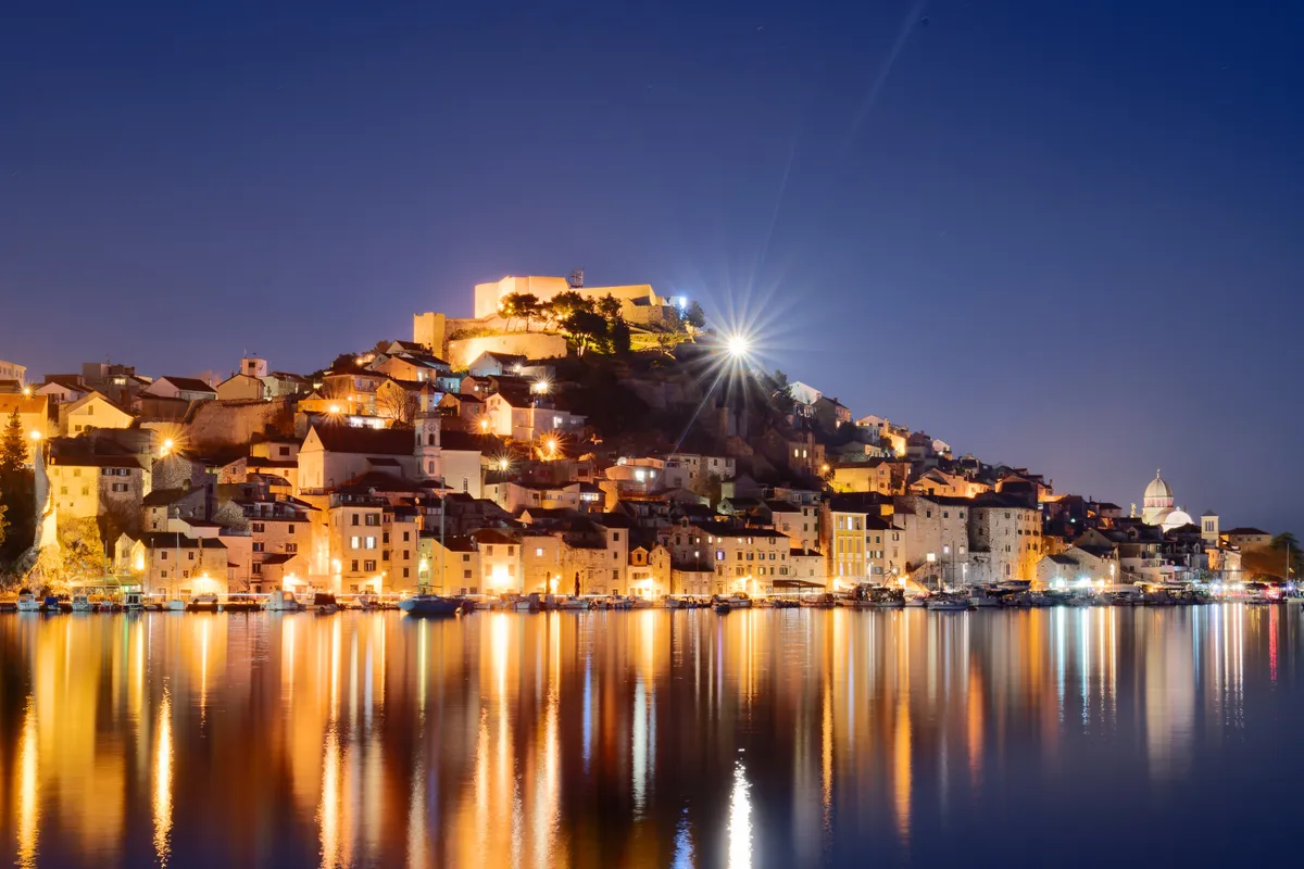 Night,Long,Exposure,Of,Sibenik,Town,In,Croatia.,Vacations,And