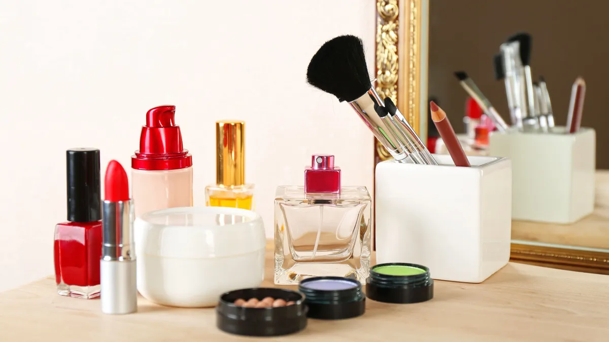 Different,Cosmetics,On,Dressing,Table,,Close,Up