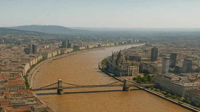 Budapest látképe 50 év múlva. A hajdan szélesen höpmölygő Dunának már csak a medre van meg. 