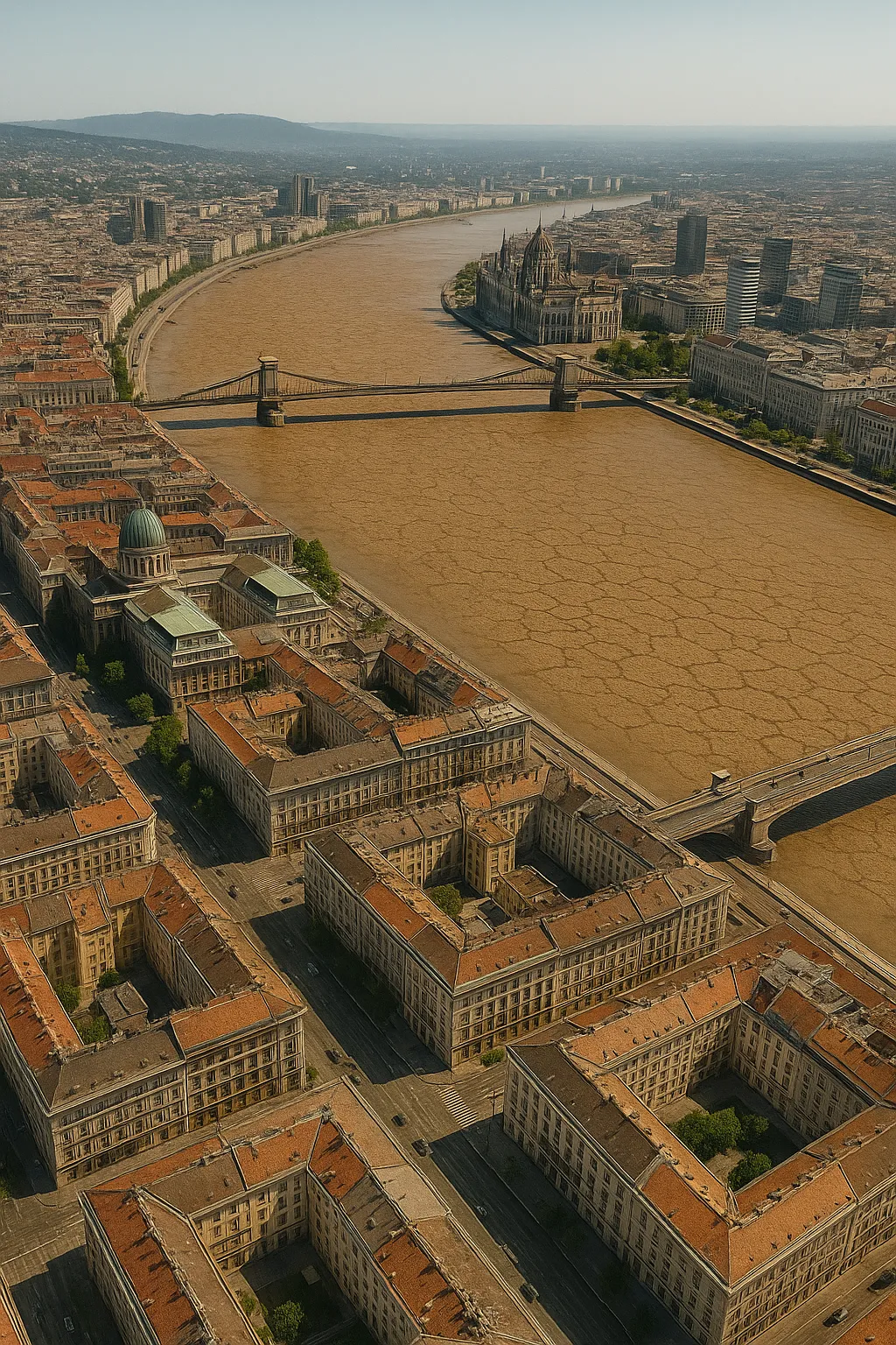 Budapest látképe 50 év múlva. A hajdan szélesen höpmölygő Dunának már csak a medre van meg. 