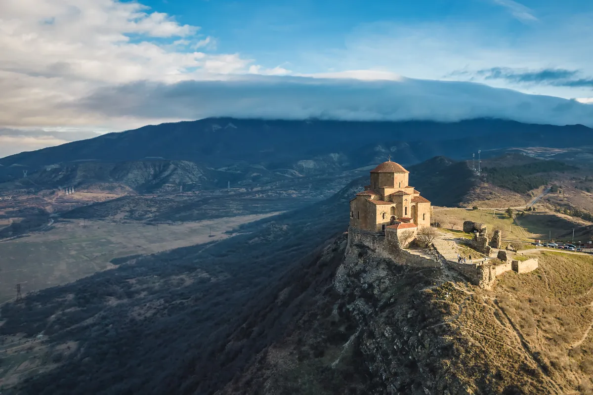 Famous,Aerial,Jvari,Monastery,View,In,Mtskheta,Town,Near,Tbilisi,
