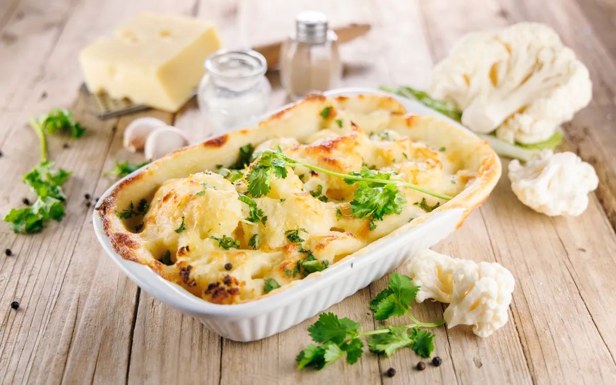 Baked,Cauliflower,Gratin,With,Ingredients,On,A,Wooden,Surface.,Ideal