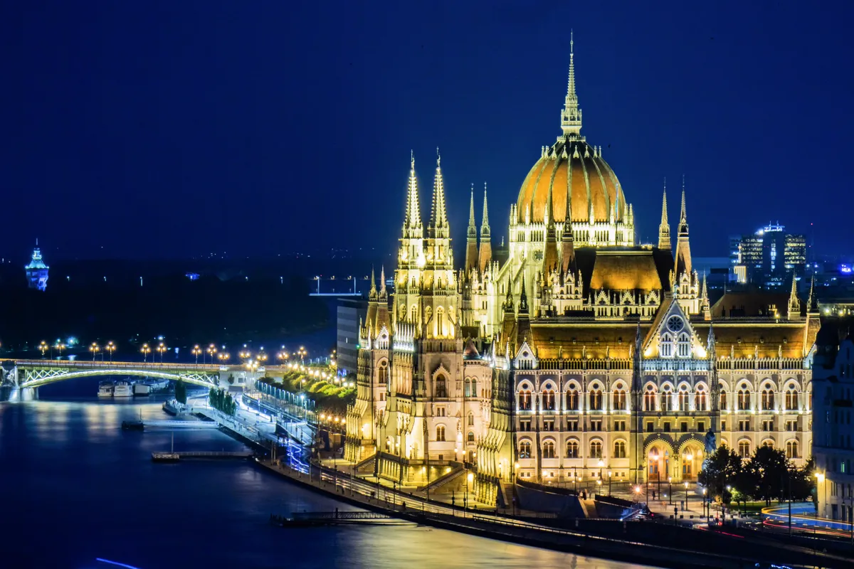 AI, város, Budapest, parlament, fény, Duna