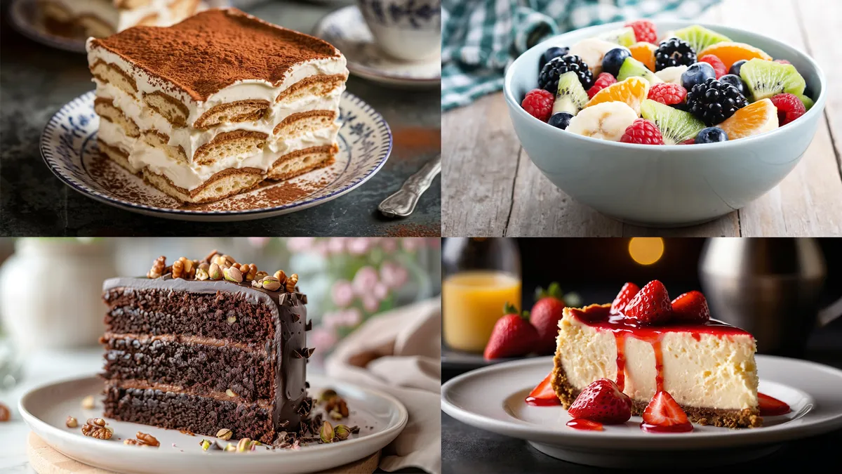 desszertek, tiramisu, gyümölcstál, csokitorta, sajttora