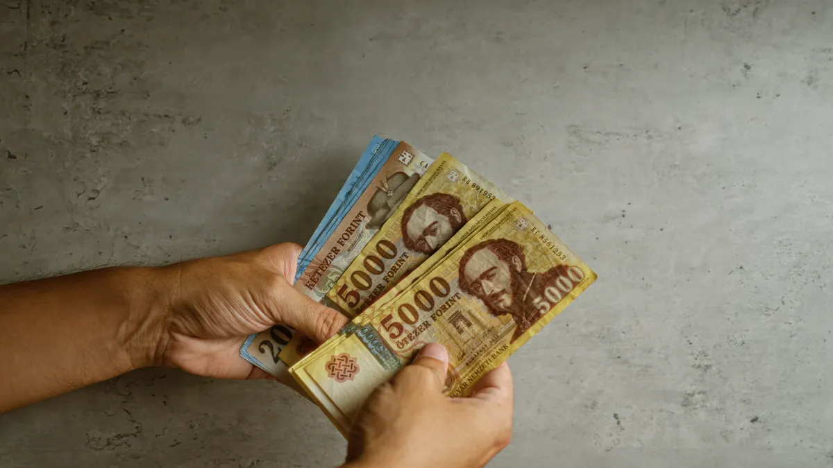 forint, pénz, bankjegyek, kezek, papírpénz