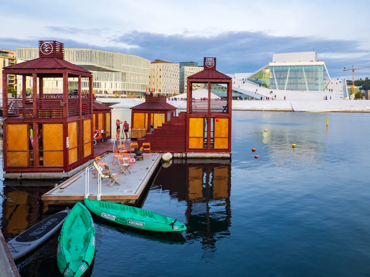 Oslo, Norvégia, fjord, mobil szaunák