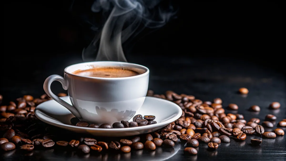 Steaming cup of coffee on a saucer with coffee beans scattered around.