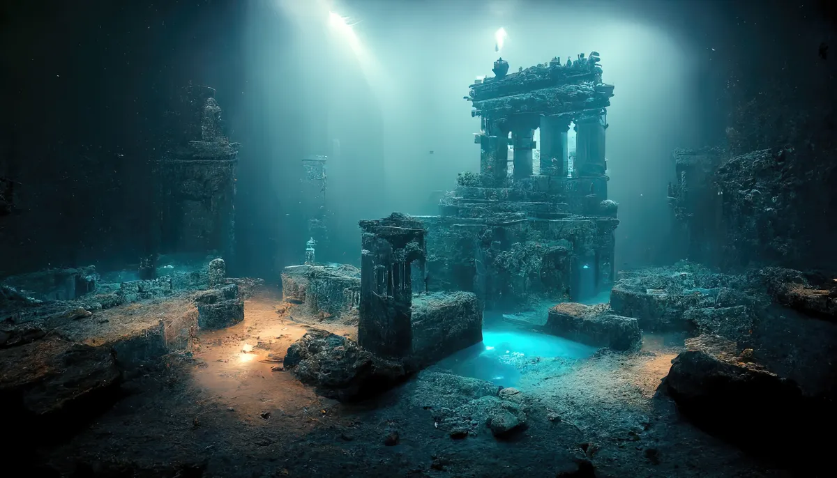 Egy elfeledett birodalom, Atlantisz tenger alatti romjainak az illusztrációja