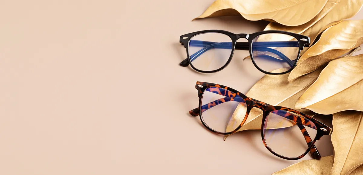 Stylish eyeglasses. Optical store, glasses selection at optician, fashion accessories