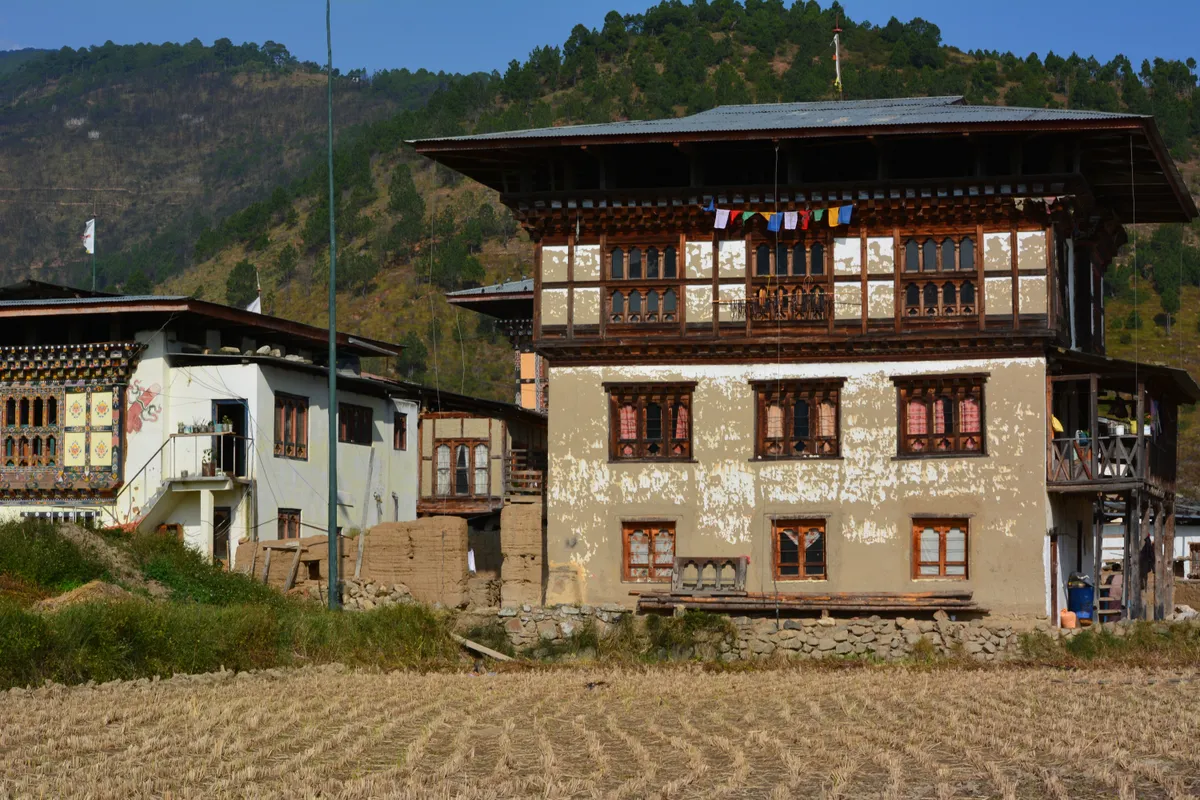 fenntartható turizmus, Bhutan, Punakha-völgy hagyományos házai