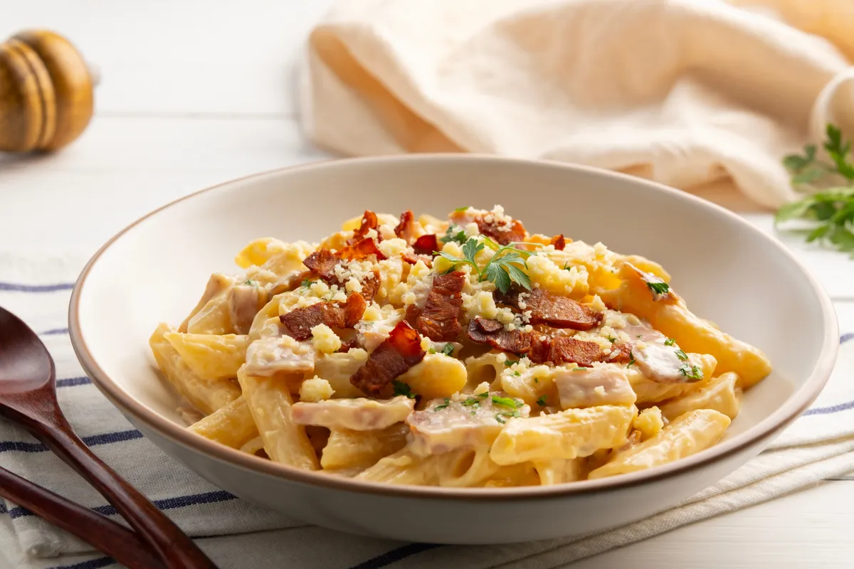 Creamy,Penne,Pasta,Carbonara,Sauce,Bacon,Topped,With,Parmesan,Cheese