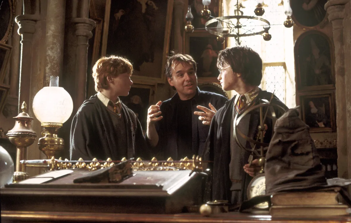 Warner Brothers Pictures Presents Harry Potter and the Chamber of Secrets Rupert Grint, Director Chris Columbus, Daniel Radcliffe © 2002 Warner Brothers