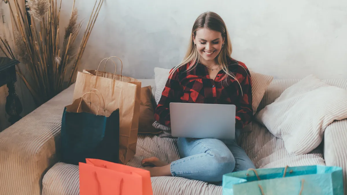 Young,Woman,Doing,Online,Shopping,At,Home,Using,Laptop.,Look