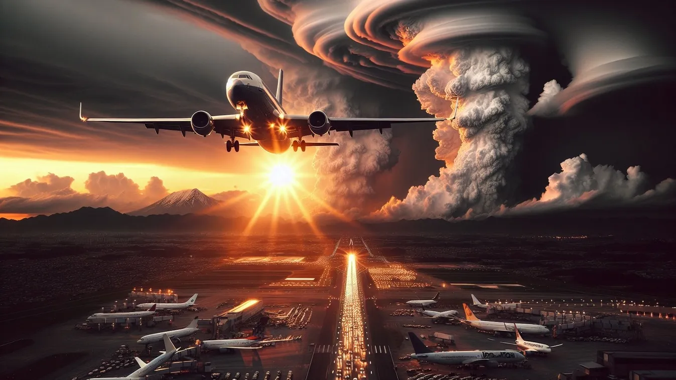 Repülőgép turbulenciában, mögötte forgószéllel