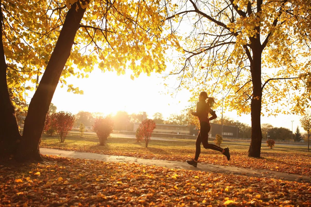 Young woman running in park, autumn