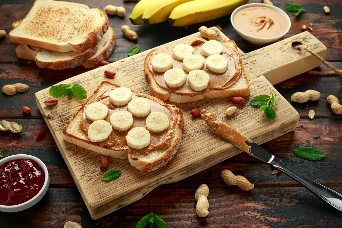 Peanut,Butter,And,Banana,Sandwich,On,Wooden,Board.,Morning,Breakfast