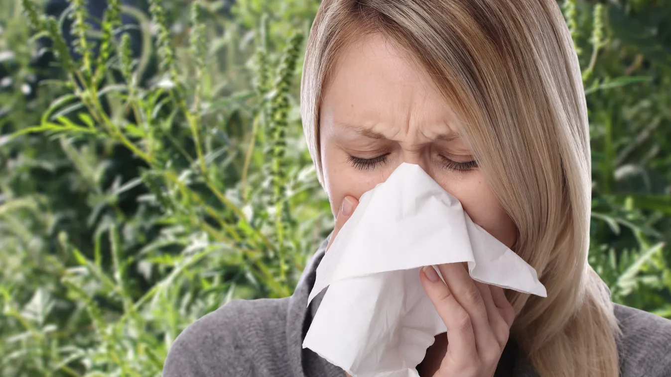 Allergia miatt orrot fújó szőke nő a természetben