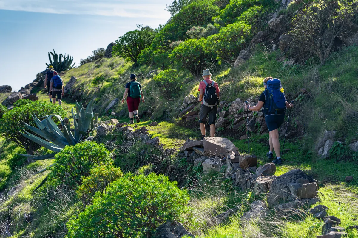 Kanári-szigetek, a zöld La Gomera túrázó turistáival