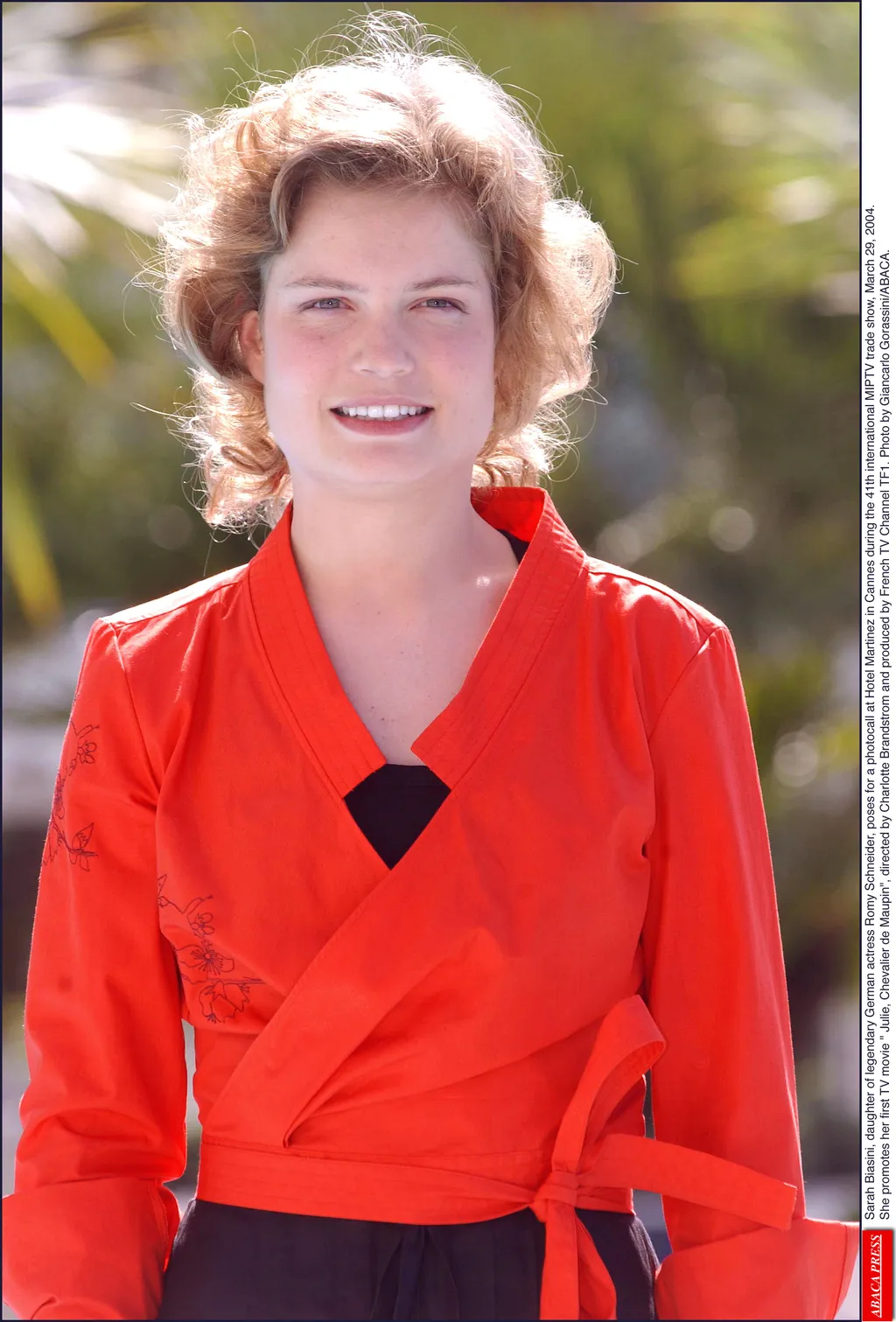 Sarah Biasini, daughter of legendary German actress Romy Schneider, poses for a photocall at Hotel Martinez in Cannes during the 41th international MIPTV trade show, March 29, 2004. She promotes her first TV movie " Julie, Chevalier de Maupin", directed b