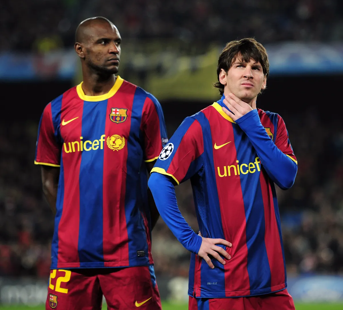 Éric Abidal és Lionel Messi a Barcelona játékosaként