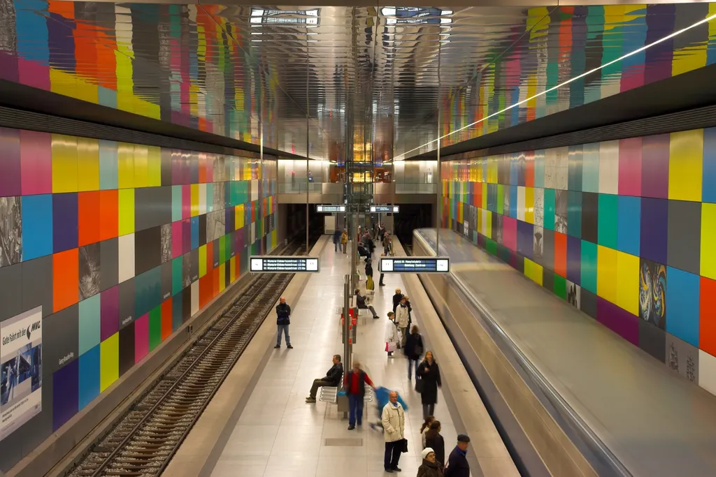 München metróállomásai igazi föld alatti galériaként tárják elénk a színeket és formákat, a szivárványszínű Candidplatz falaitól a Marienplatz narancssárga hengeres csarnokaiig.