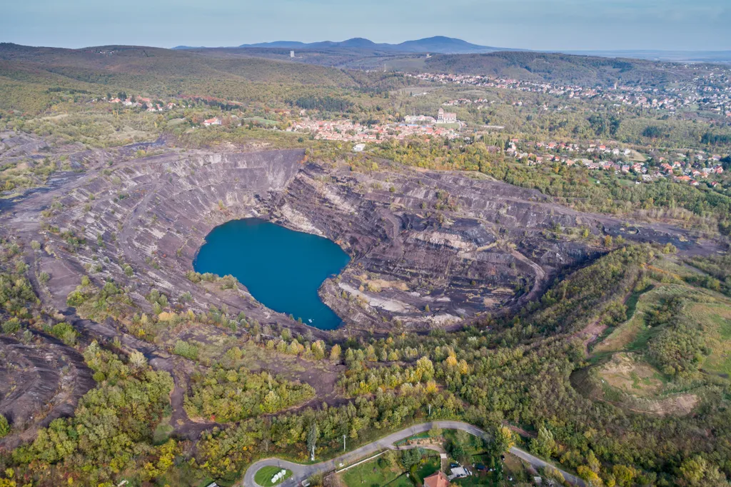 Aerial view, deep mine lake in place of a mining pit