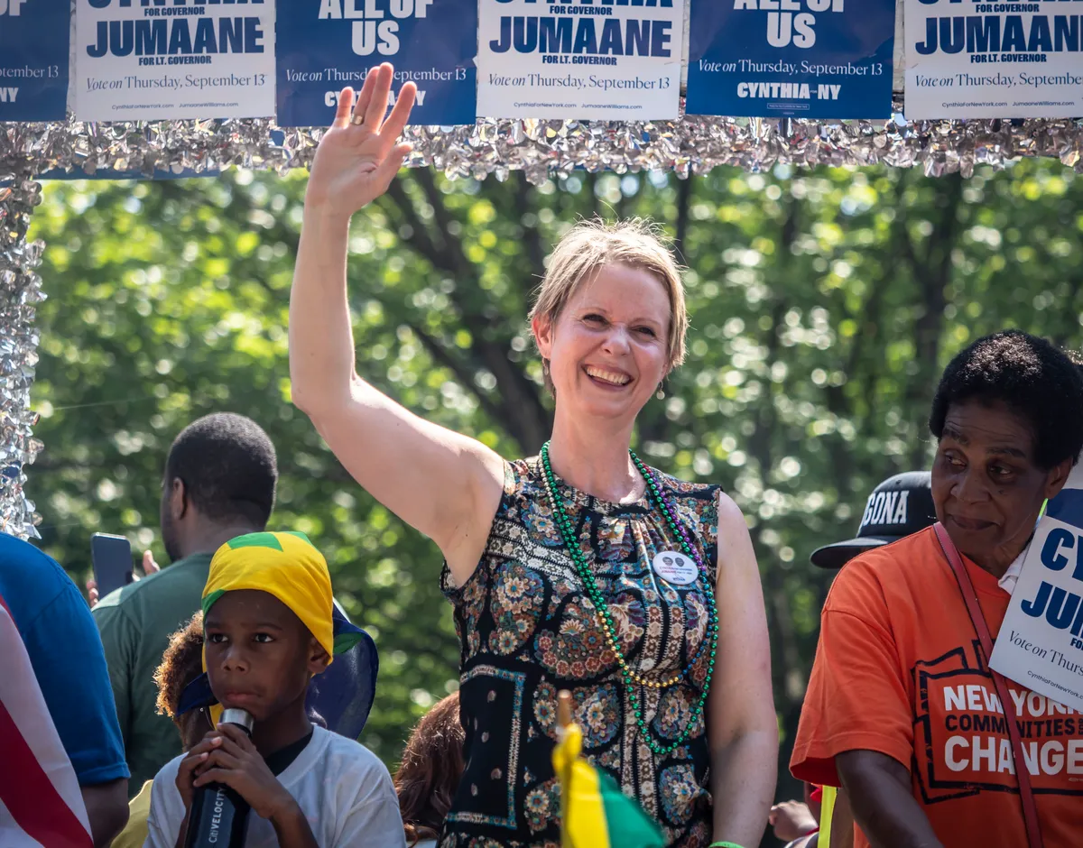 Democratic gubernatorial candidate Cynthia Nixon waves to parade spectators at the annual West Indian Day Parade held in Crown Heights, Brooklyn on Monday, September 3, 2018. Cynthia Nixon is running against Governor Andrew Cuomo in the Democratic