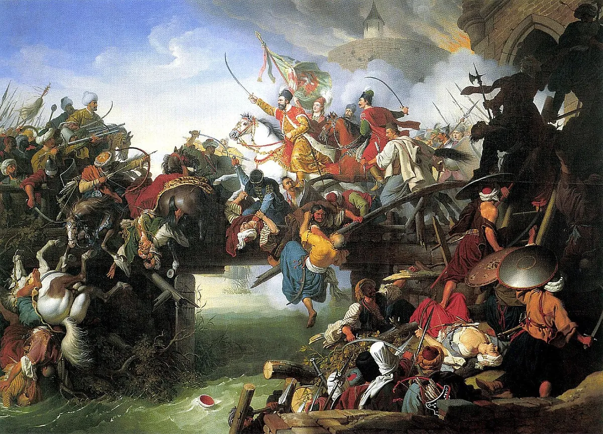Zrinyi kirohanása Szigetvárról, festmény, Johann Peter Krafft képe