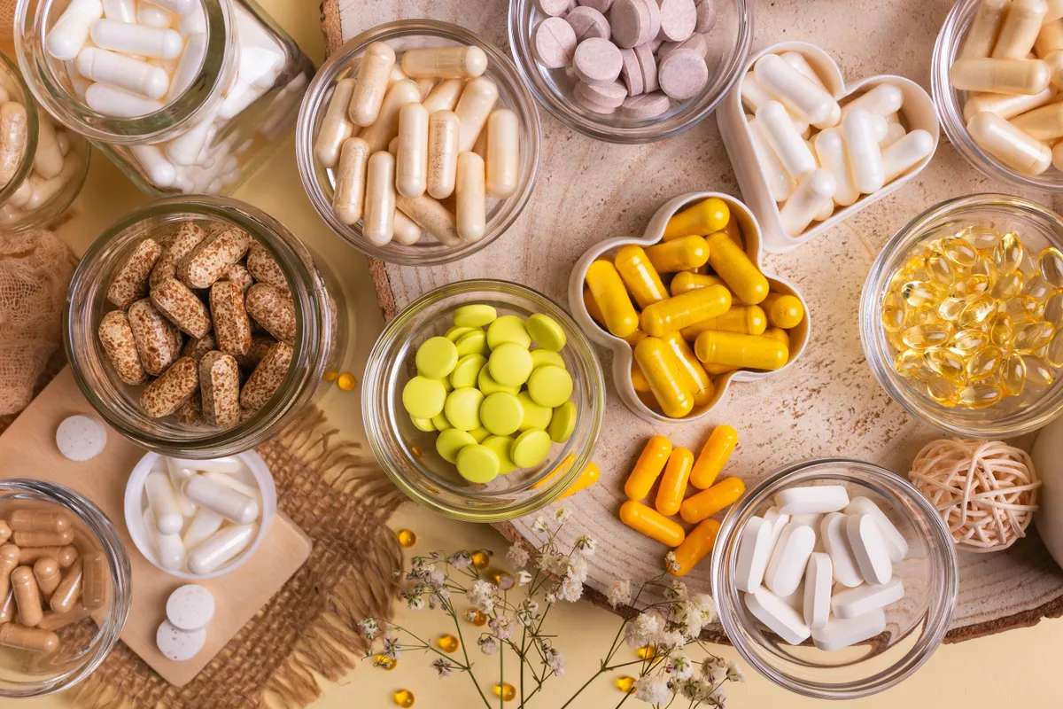 Vitaminok az asztalon kis tégelyekben.