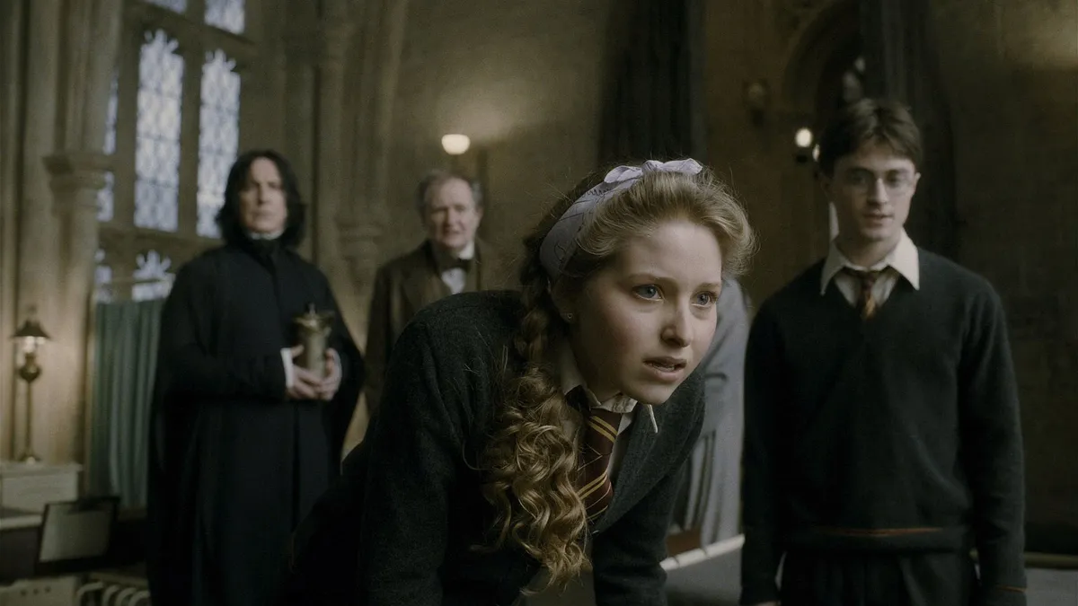 Harry Potter JIM BROADBENT , ALAN RICKMAN , DANIEL RADCLIFFE  and JESSIE CAVE  in HARRY POTTER AND THE HALF-BLOOD PRINCE (2009).