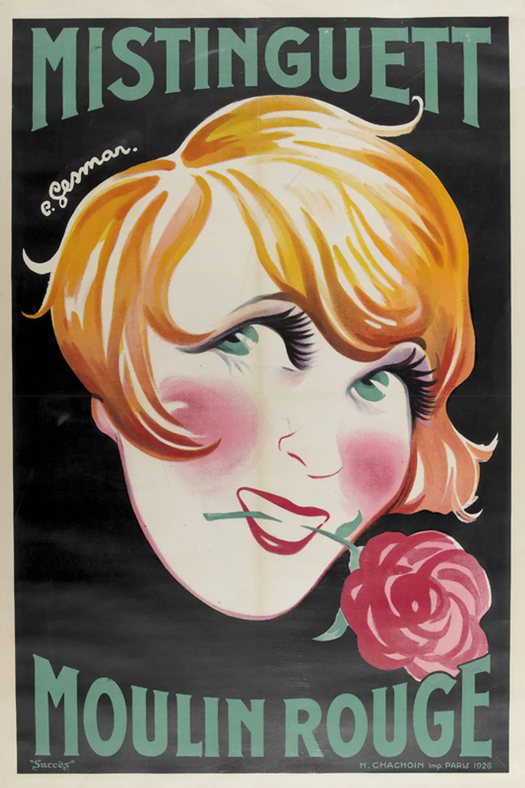 Mistinguett Moulin Rouge poszter 1926-ból - a képet a korszak elismert plakáttervezője, Charles Gesmar készítette. 