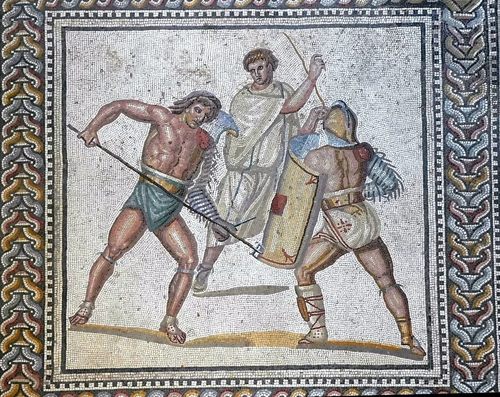 Harcoló gladiatorok egy római mozaikon, akik szintén az ókor gyönyörének tárgyai voltak