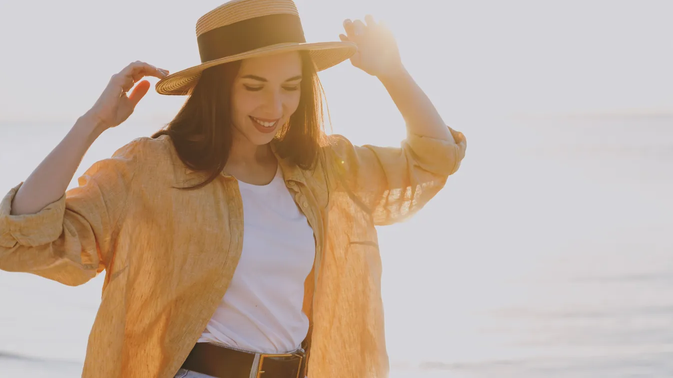 Személyiségteszt, Fiatal nő, Tengerpart, Szalmakalap, Ing