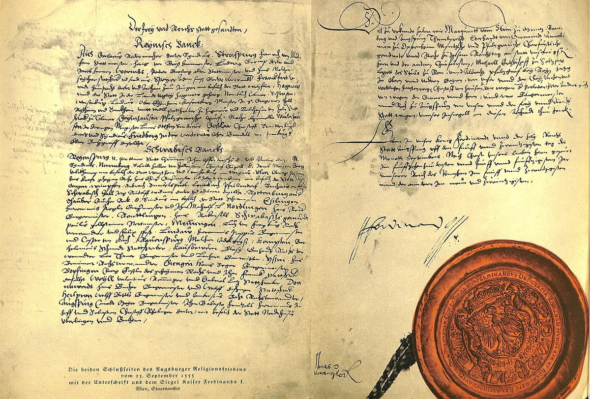 Az evangélikus vallást hivatalosan elismerő augsburgi vallásbéke okirata 1555-ből