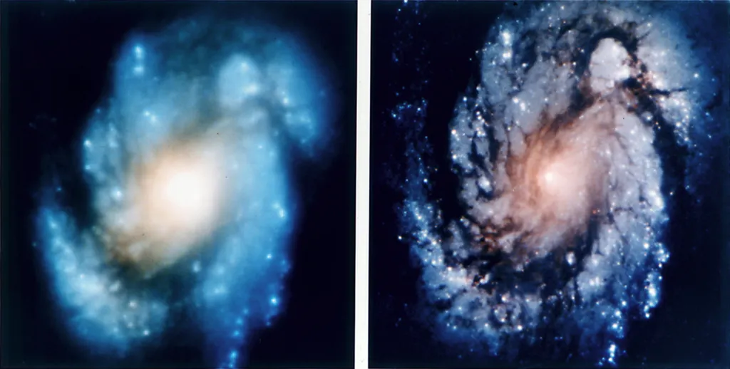 Látványos javulás a Hubble első karbantartó repülése után: a Messier 100 spirálgalaxis részletgazdag felvétele.
