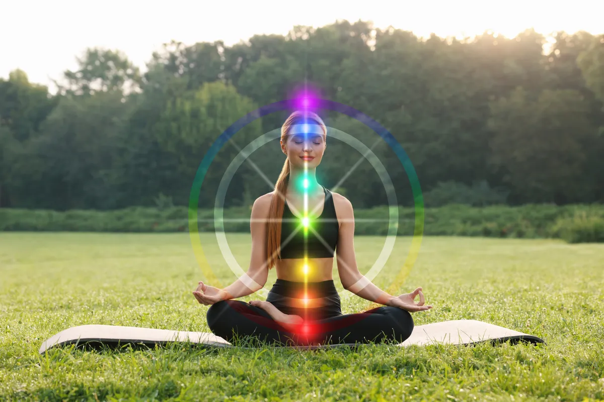 Woman,Meditating,In,Lotus,Pose,On,Green,Grass.,Aura,Seen