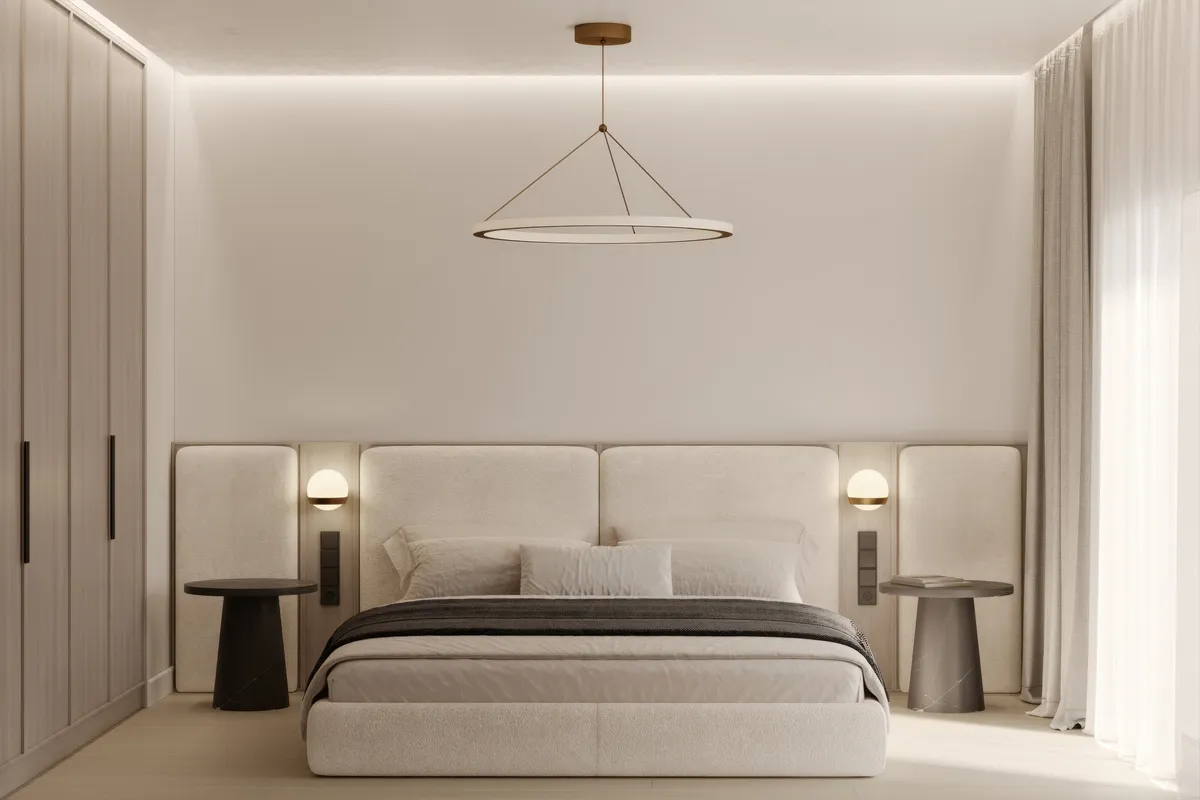 Interior,Beige,Bedroom,Interior,Wall,Mockup,-,3d,Rendering,,3d