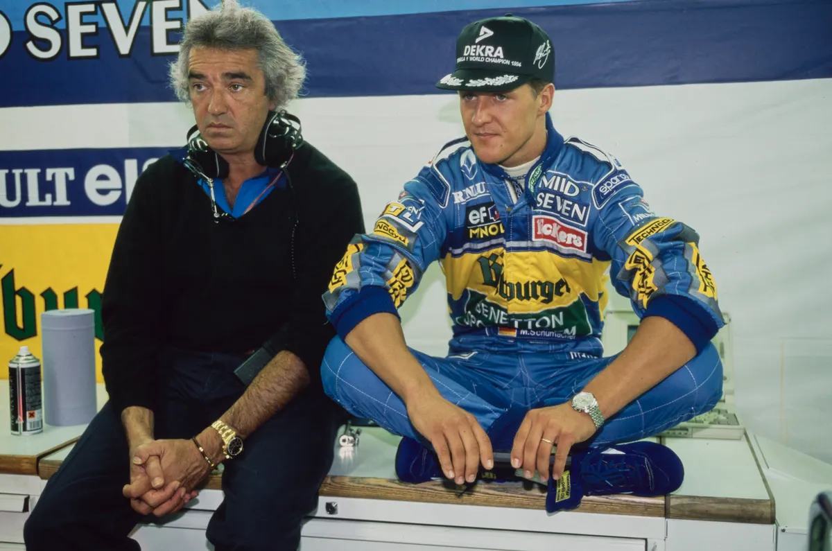 Flavio Briatore (balra) és Michael Schumacher 1995-ben, a Benettonál