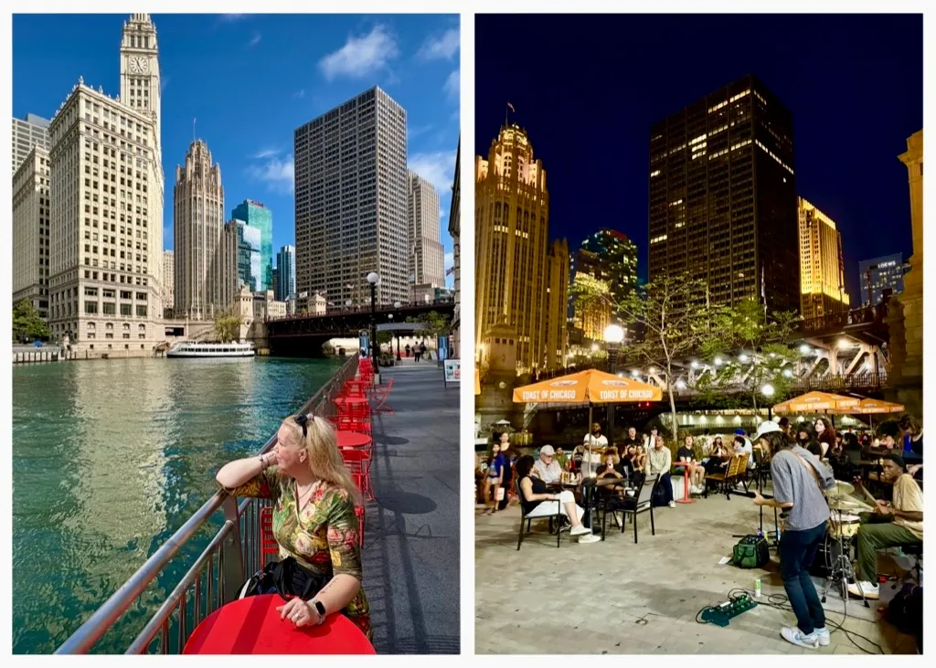 turisták Chicago városában a folyóparton