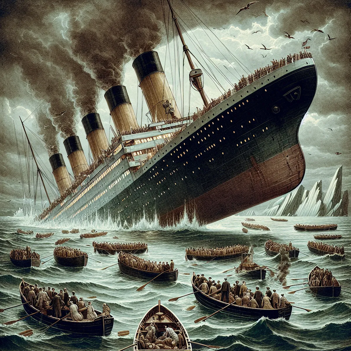Titanic,Sinking,After,Hitting,An,Iceberg,,Distressed,Ship,,Visible,Iceberg,
