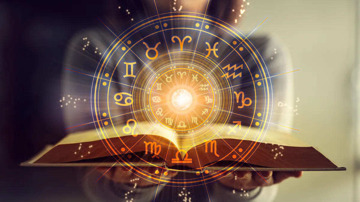 Woman,Holding,A,Astrology,Book.,Astrological,Wheel,Projection,,Choose,A