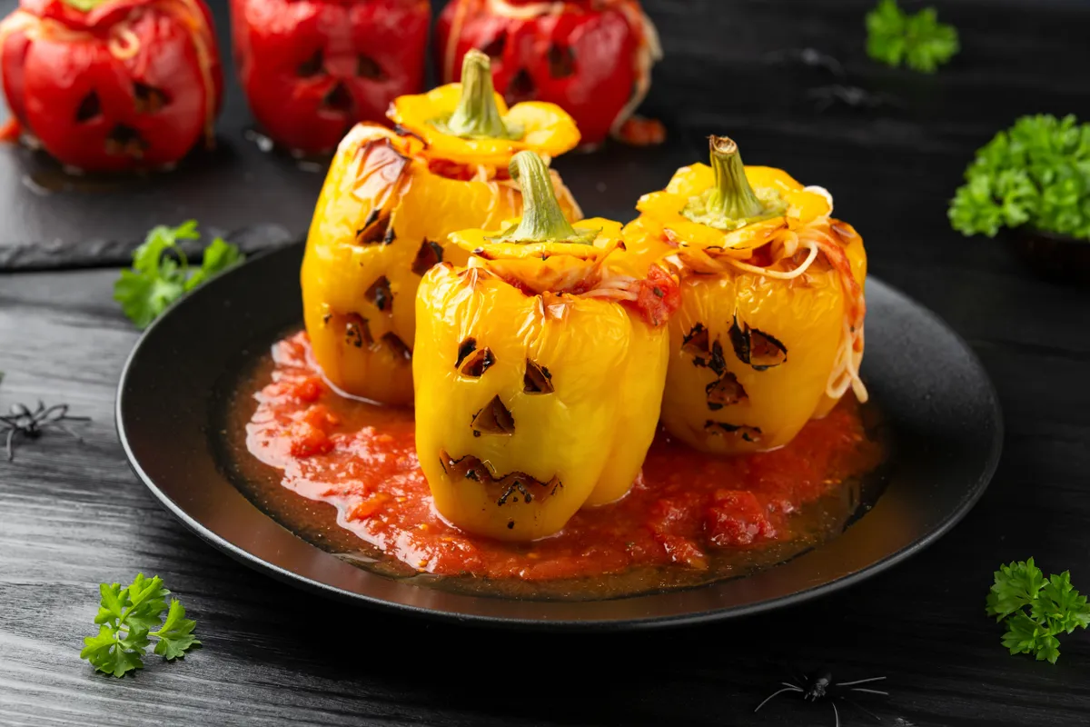Halloweeni töltött paprika fejek