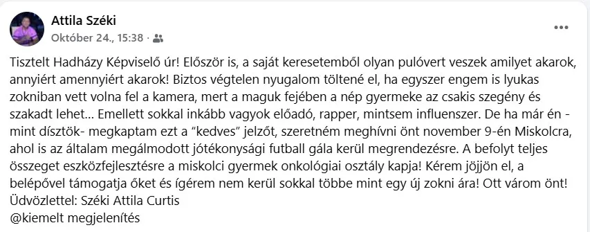 Széki Attila Curtis Facebook posztja