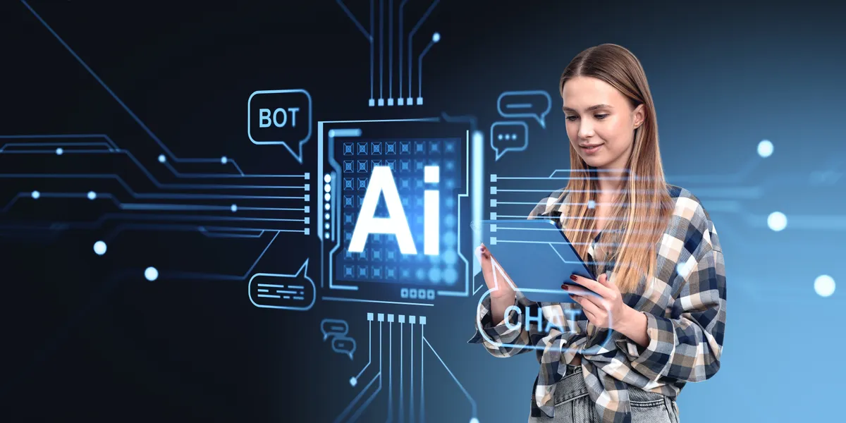 Fotó egy nőről, aki kipróbálja a mesterséges intelligencia (MI) alkalmazást.